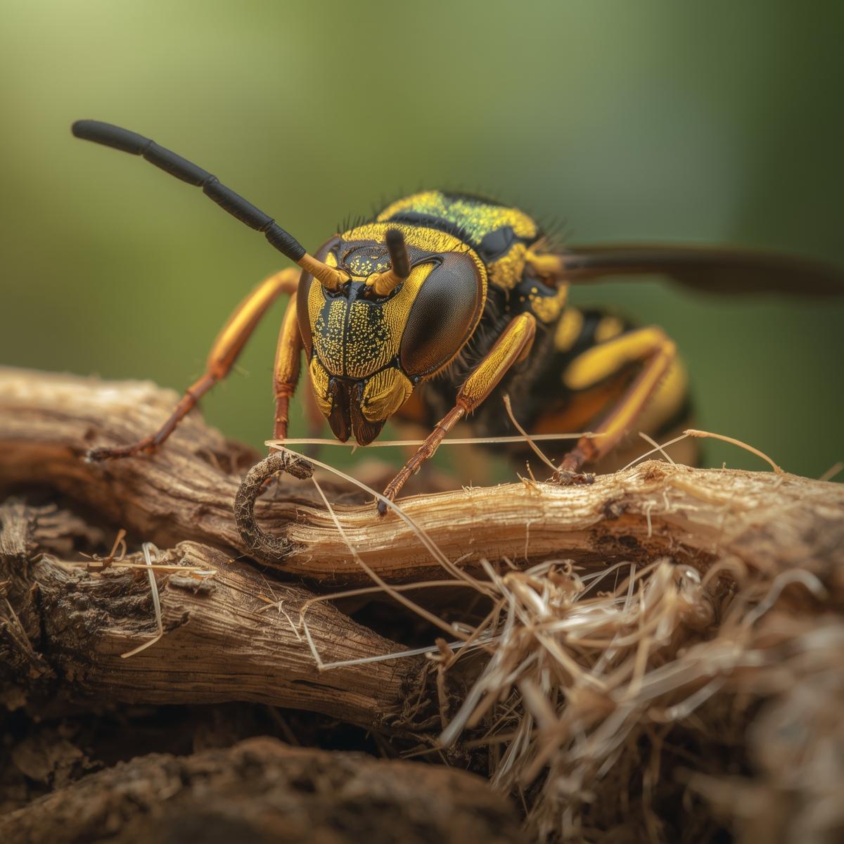 Frelon asiatique récoltant du bois pour construire son nid