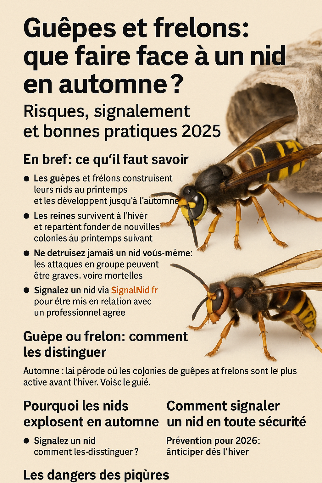 Guêpes et frelons : que faire face à un nid en automne ? Risques, signalement et bonnes pratiques 2025