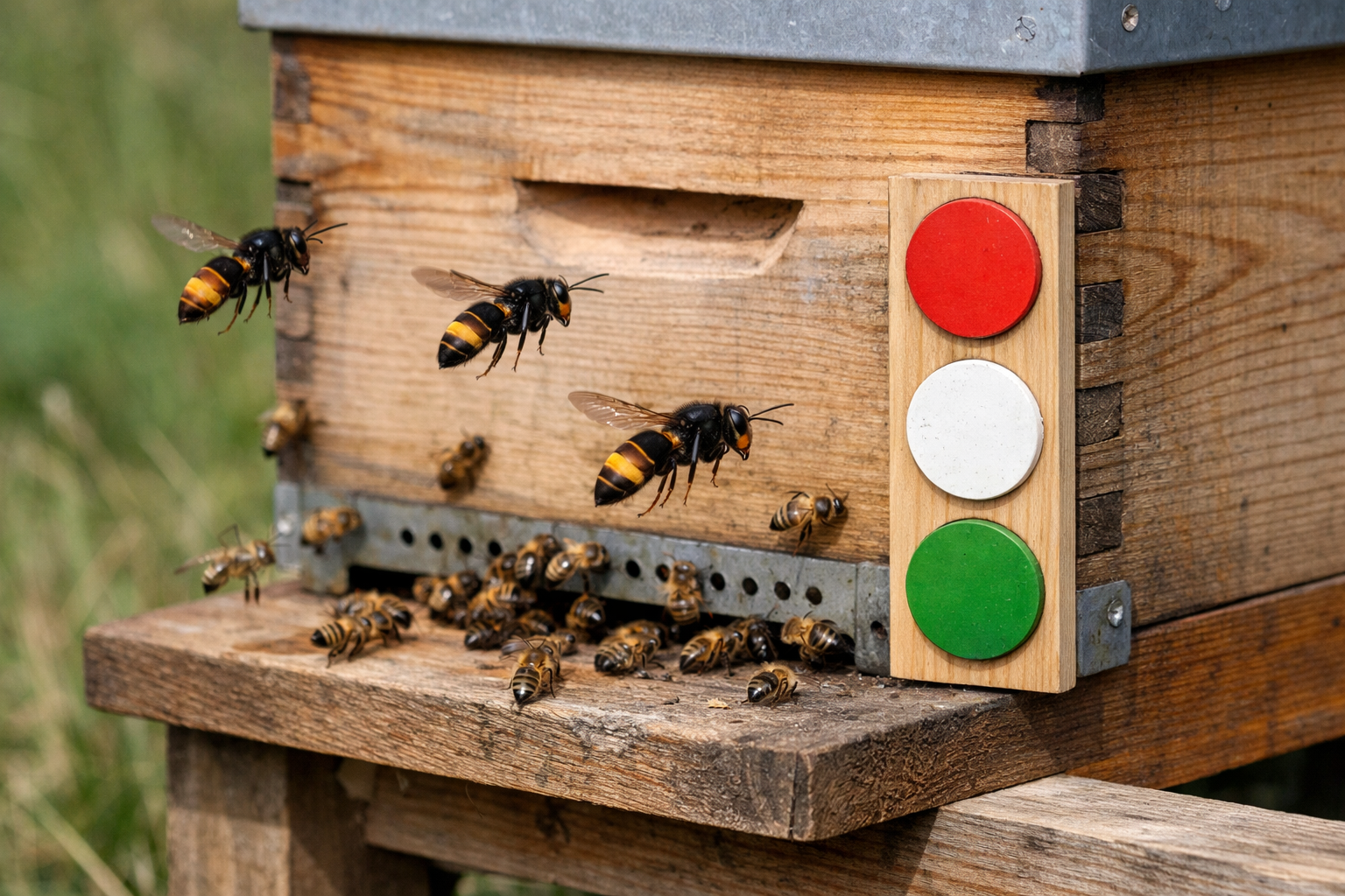 Trois frelons asiatiques comptés simultanément devant une ruche active