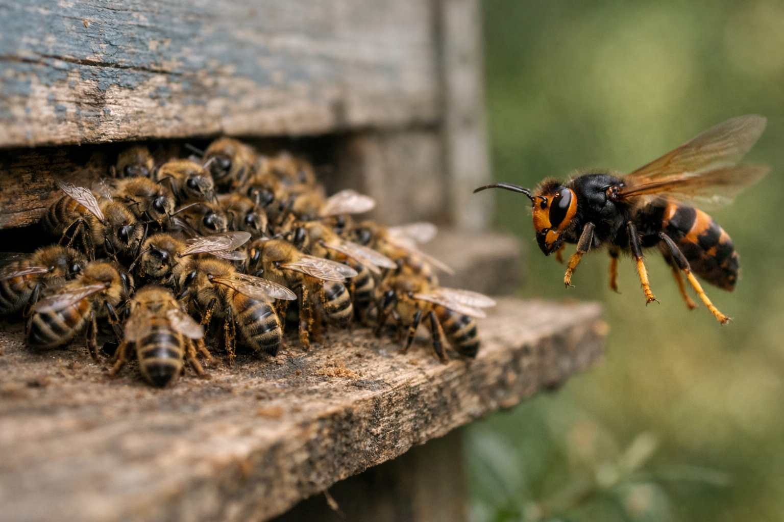 Abeilles regroupées à l’entrée sous la pression d’un frelon asiatique