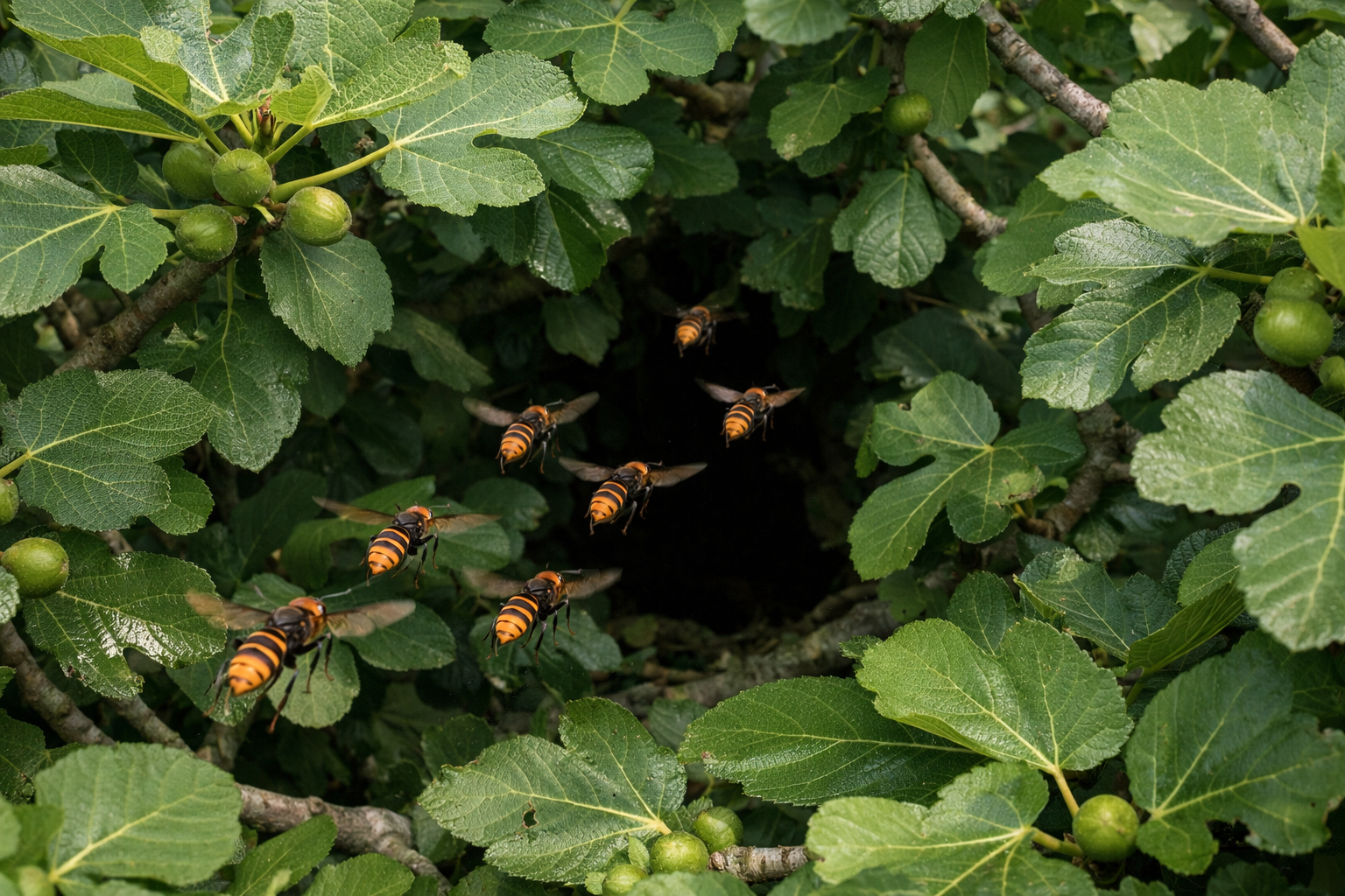 Plusieurs frelons suivent le même trajet dans un figuier dense