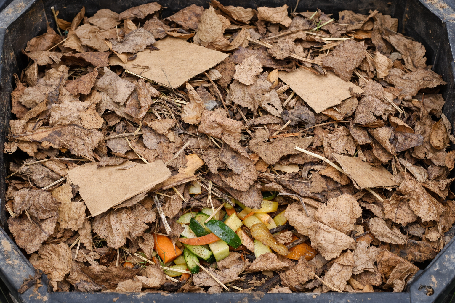 Matières sèches recouvrant les déchets alimentaires frais du compost
