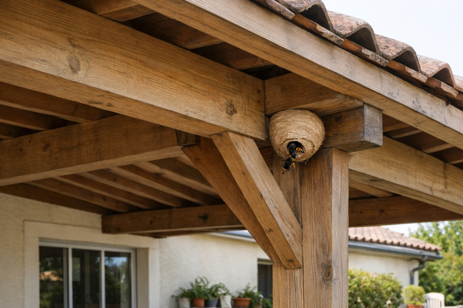 Sous une pergola, un carport ou une terrasse couverte : les indices d’un nid actif