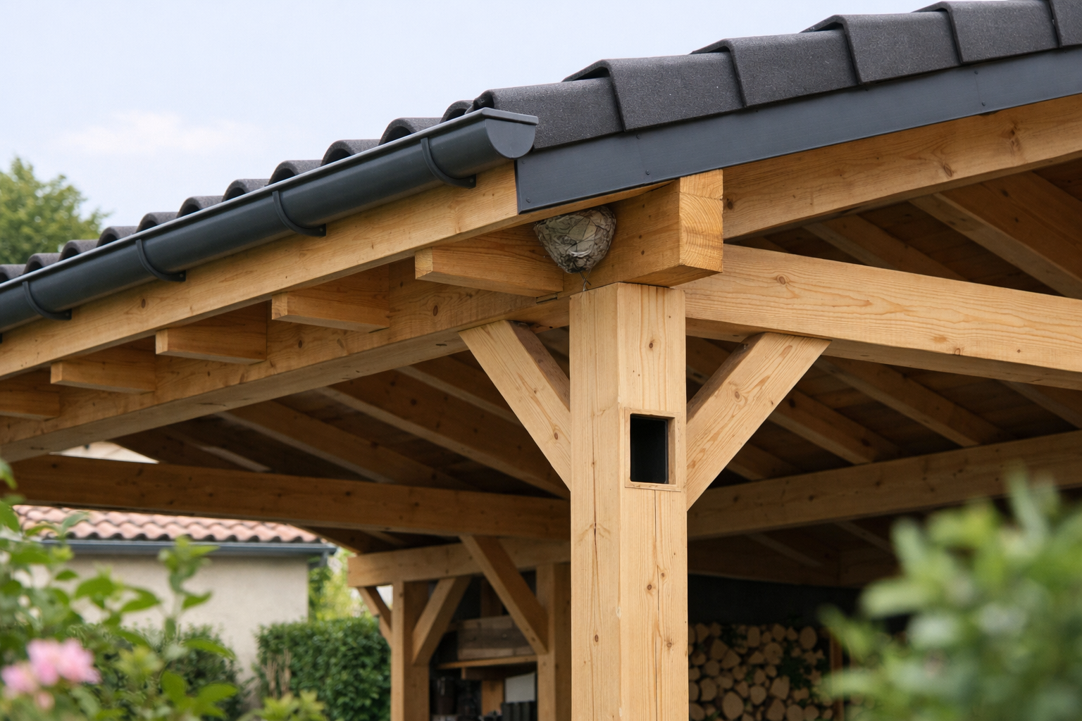 Petit nid abrité dans un angle sous un carport
