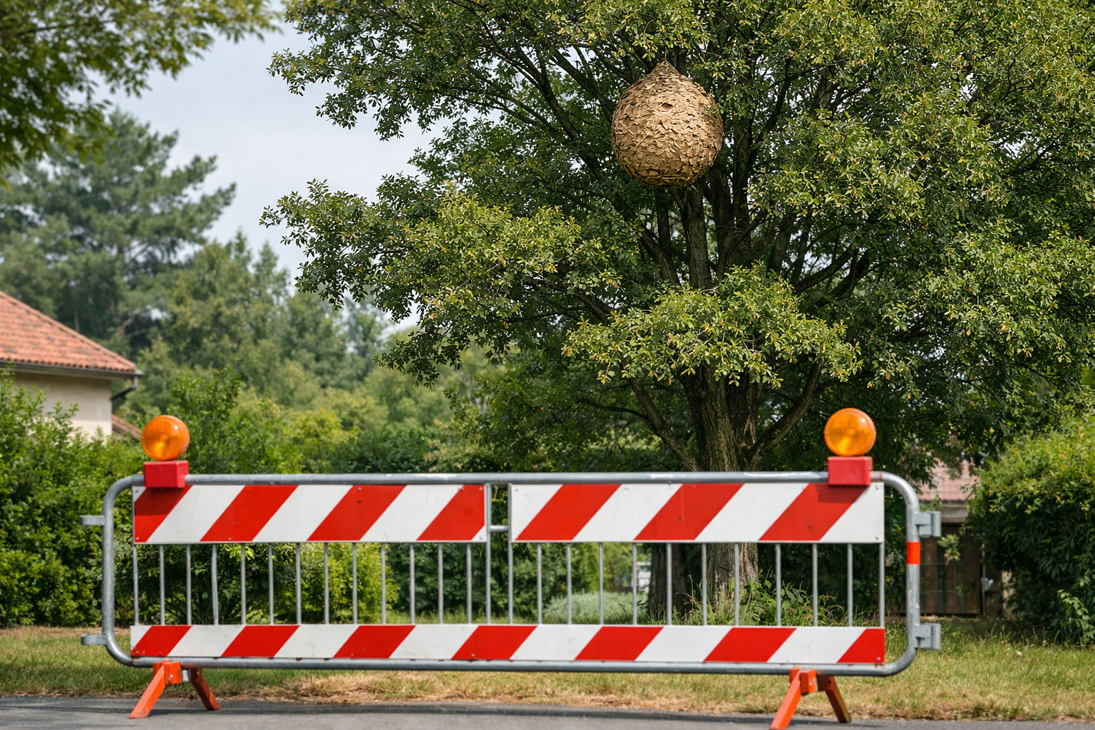 Zone tenue à distance sous un arbre portant un nid