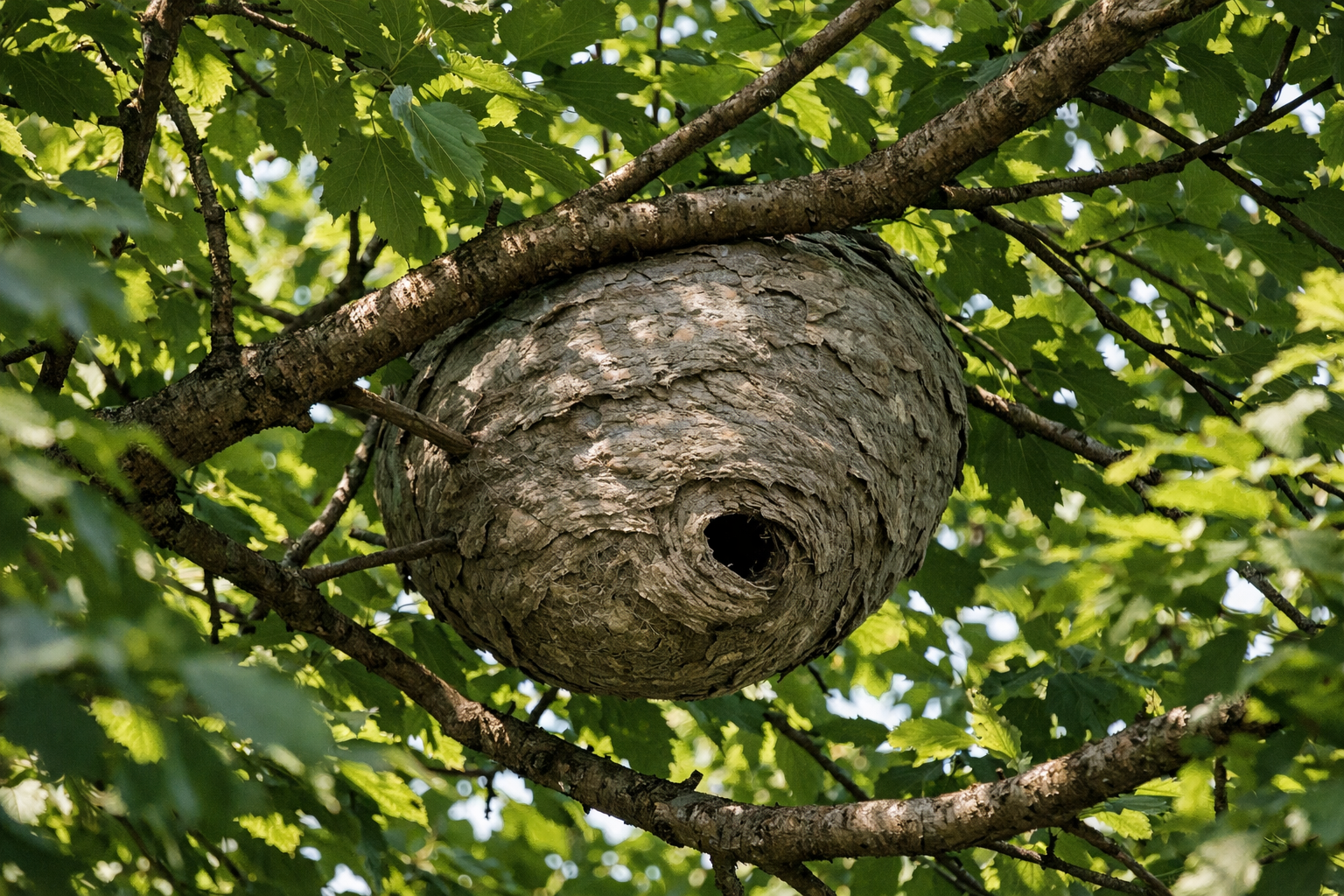 Nid secondaire caché dans un arbre en juillet