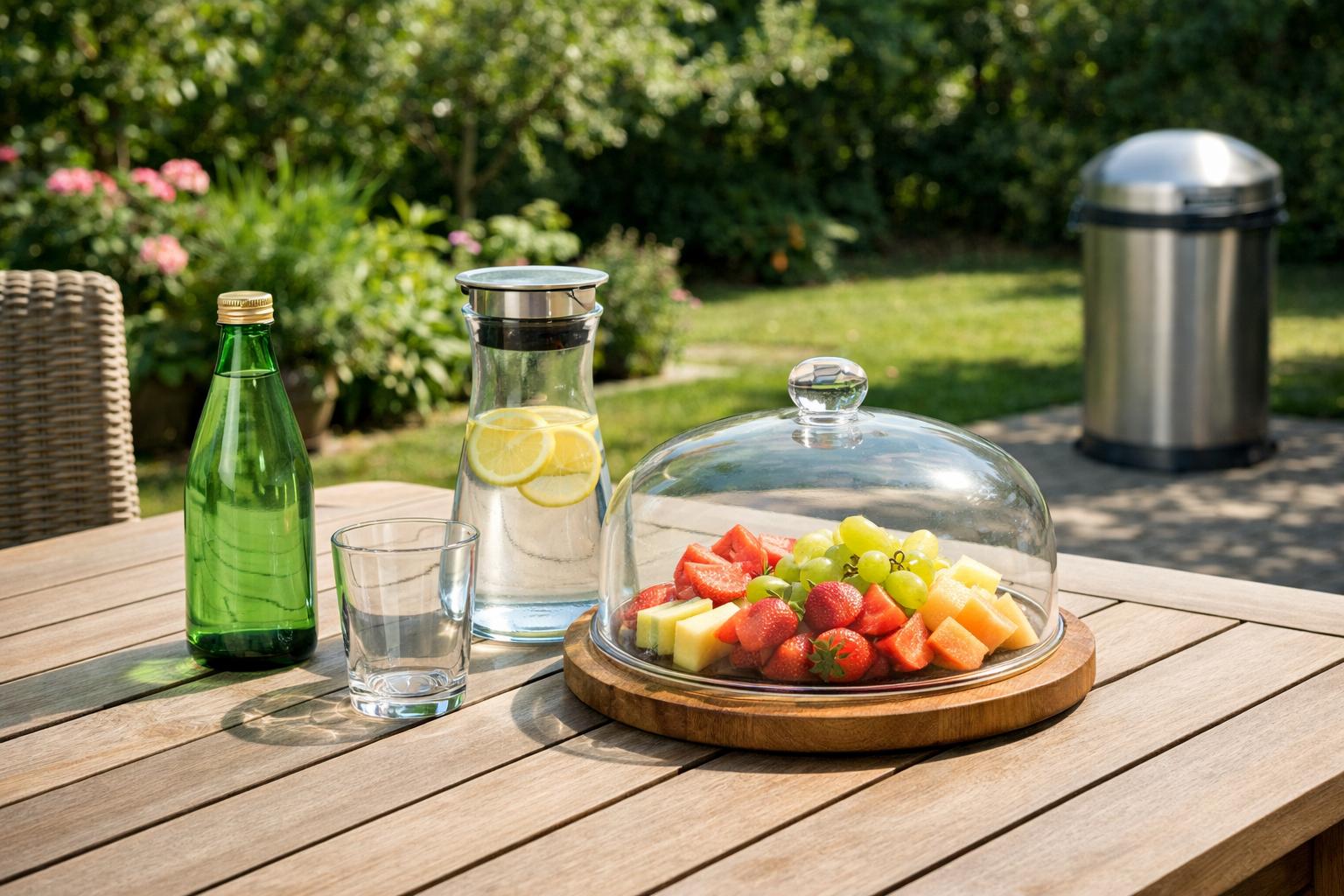 Table de terrasse avec boissons fermées et fruits protégés