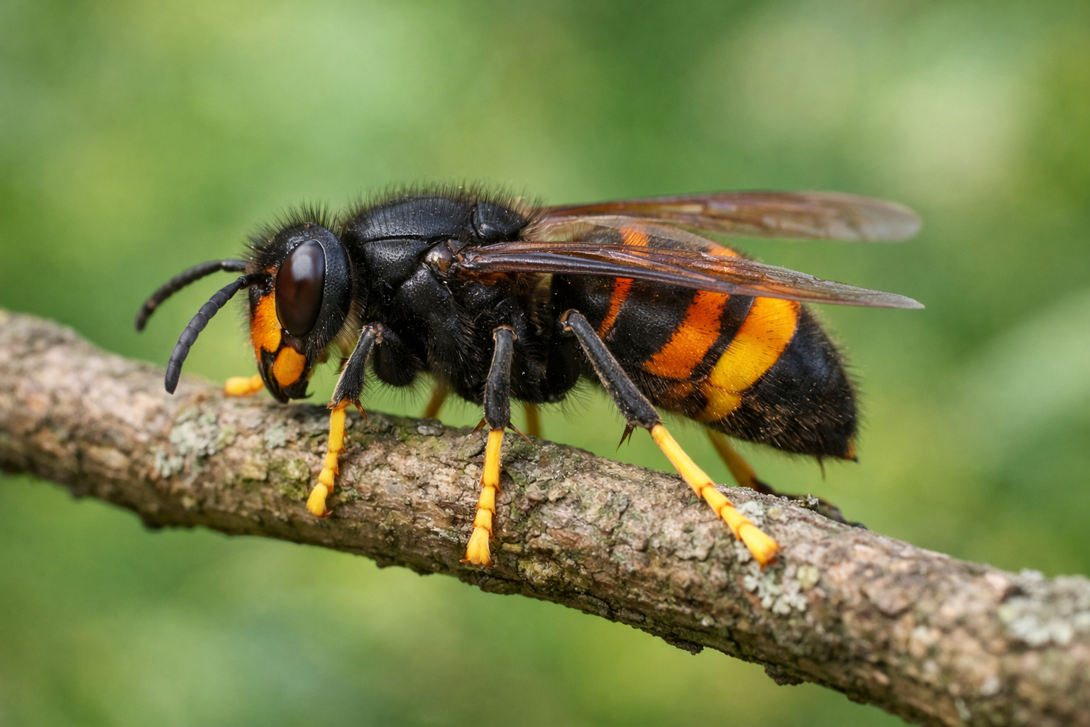 Frelon asiatique sombre aux pattes jaunes posé sur une branche