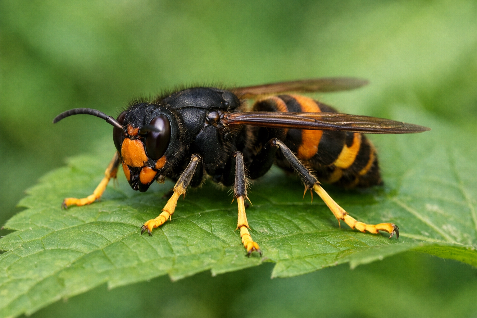 Frelon asiatique sombre avec bande orange et pattes jaunes