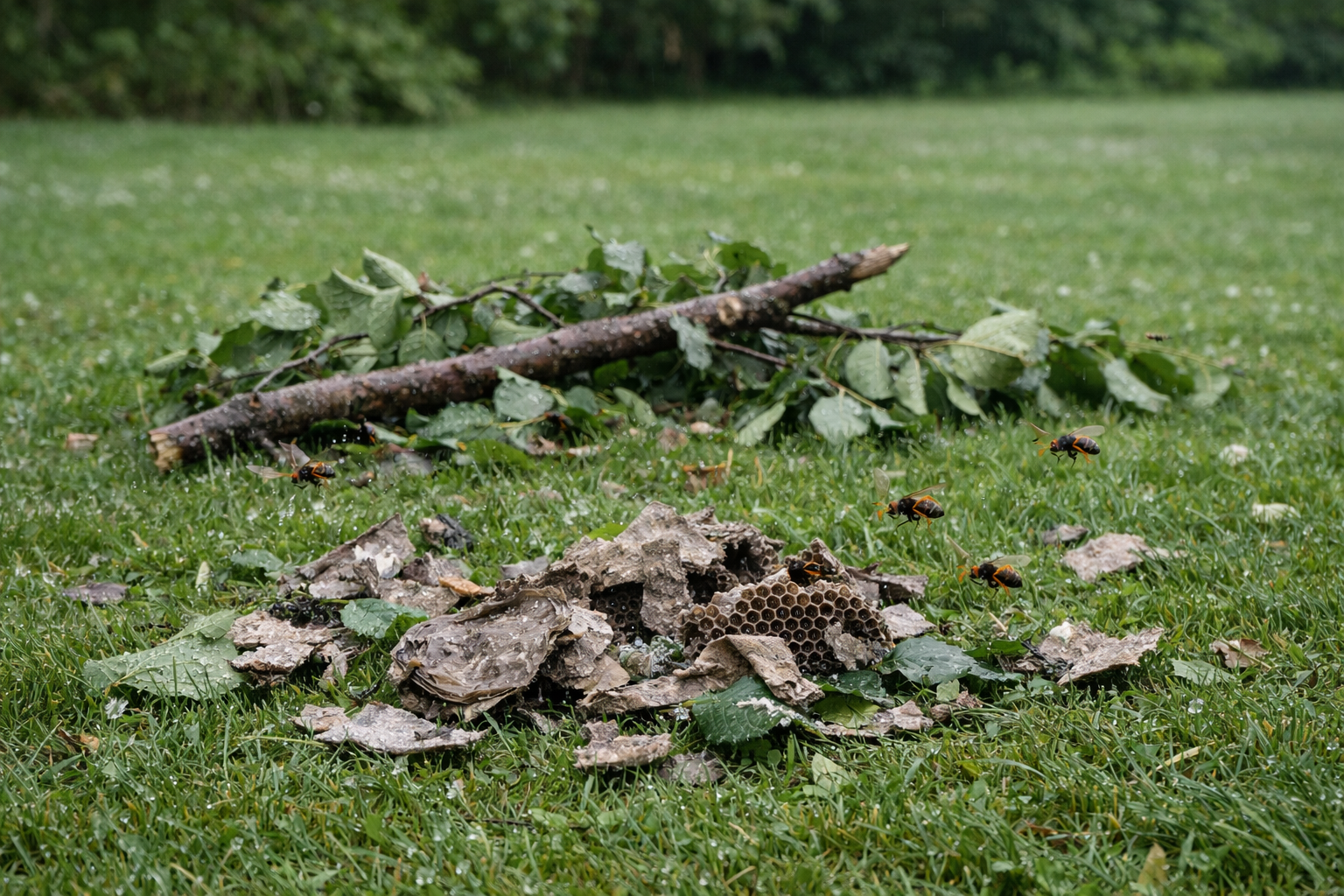 Branche cassée et nid de frelons dissimulé dans l’herbe humide