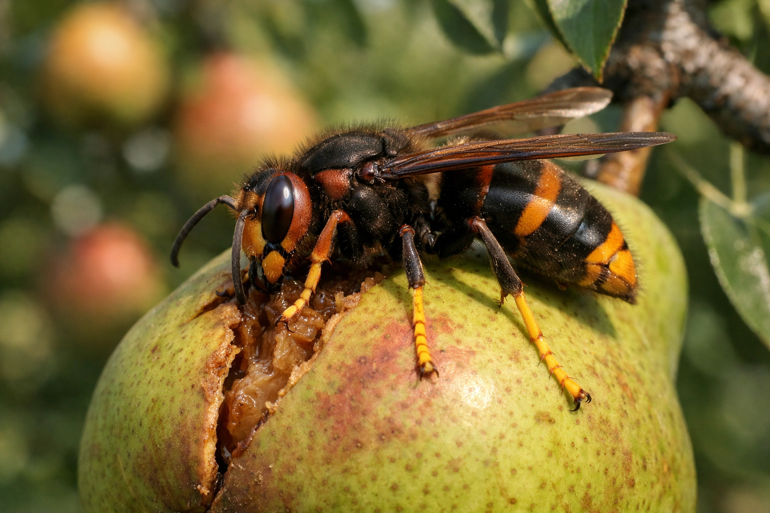 Frelon à pattes jaunes consommant une poire mûre en août