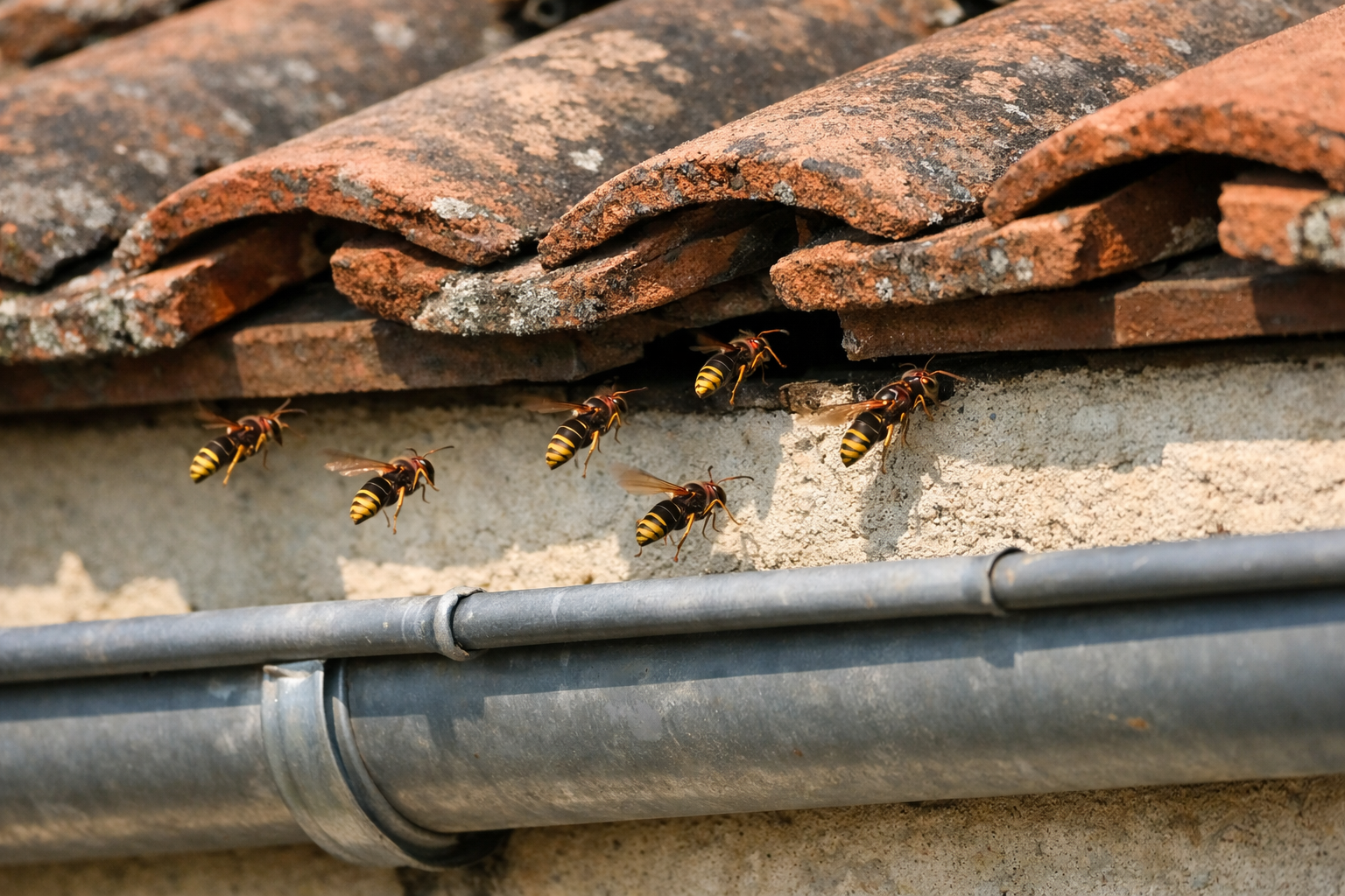 Va et vient de frelons sous une toiture au mois d’août