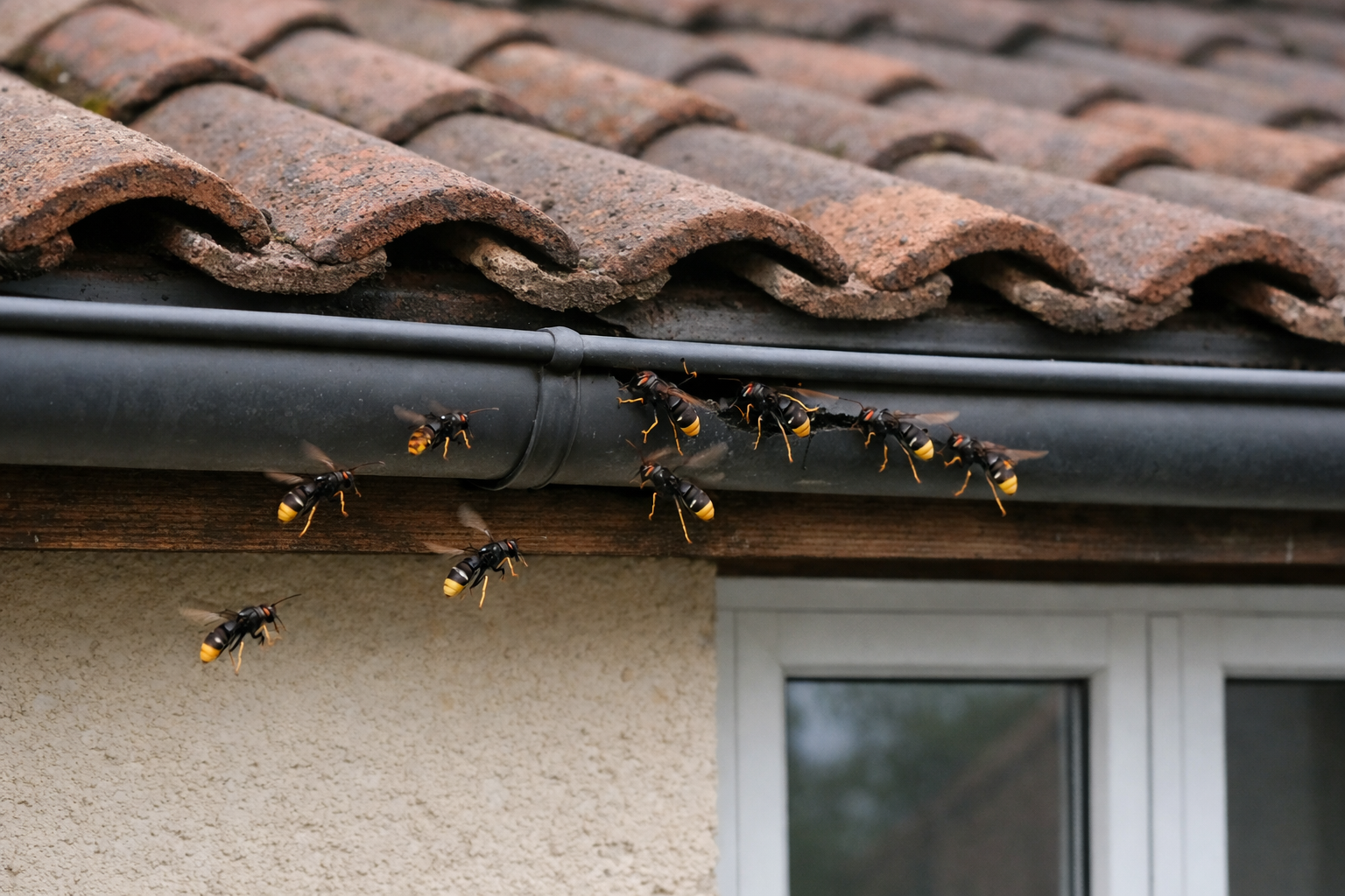 Va et vient de frelons vers un interstice sous les tuiles